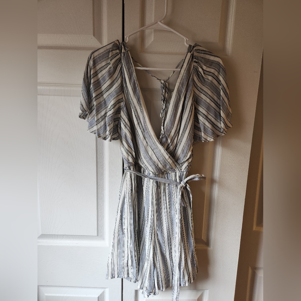 francescas Blue White Black Stripe Romper NWT